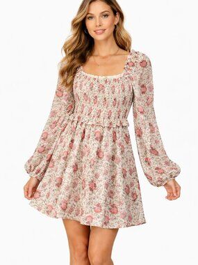 A Beautiful Soul Ivory Rose Floral Ruched Bodice Long Sleeve Mini Dress Size X